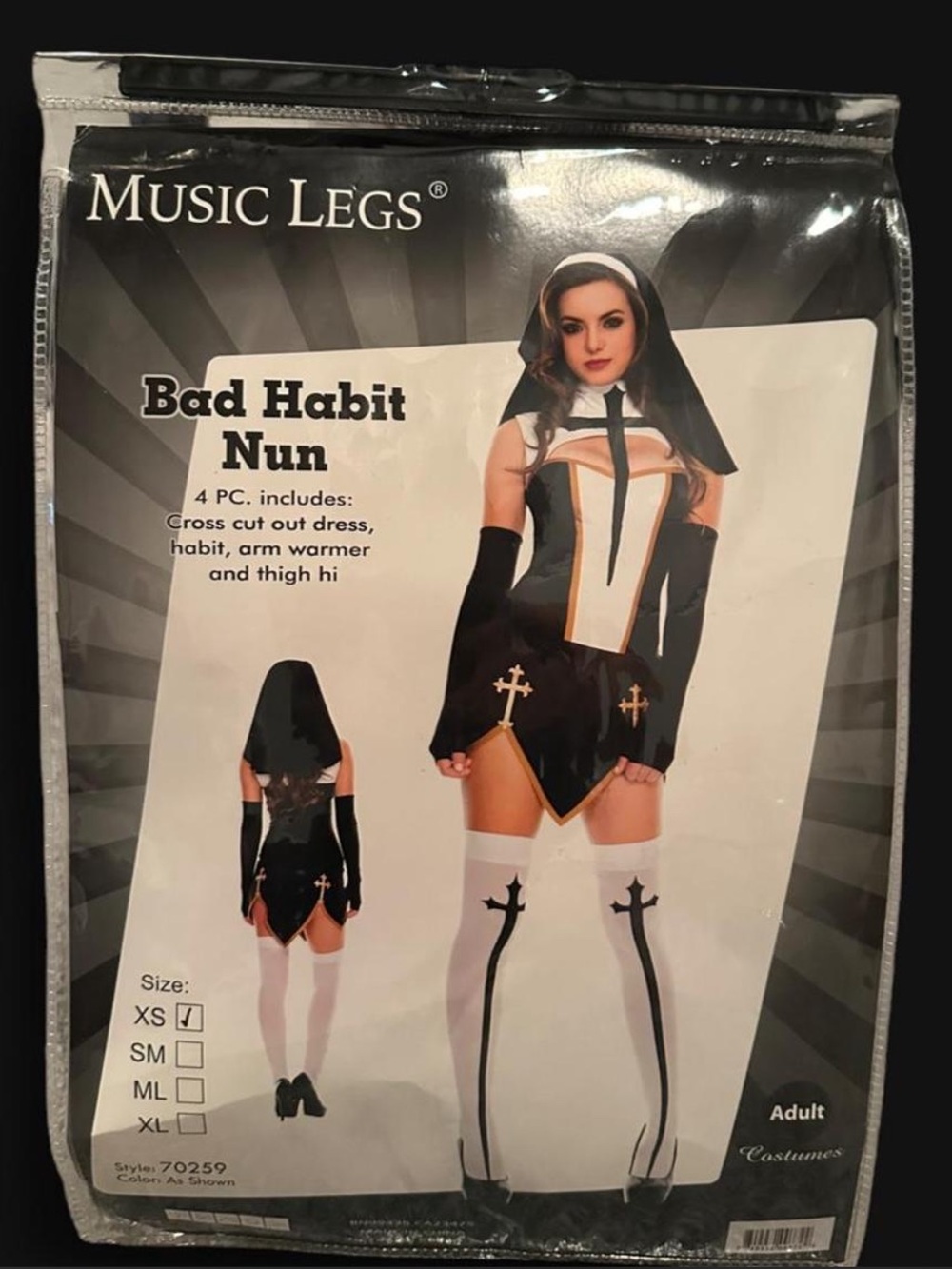 Music Legs Bad Habit Nun Costume - Black, White & Gold Accents